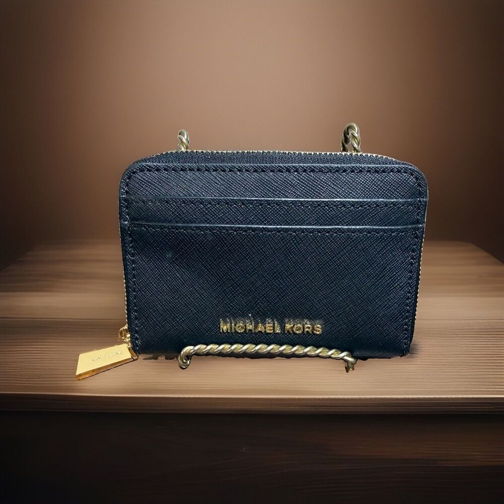 New Michael Kors Jet Set Travel Card Case Wallet MK Black/ Gold